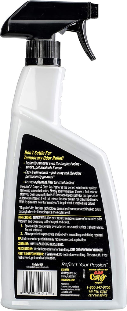 Meguiar's Carpet and Cloth Re-Fresher Odor Eliminator Spray, Car Air Freshener, Fights Odors and Freshens Fabrics in your Car, Easy to Use Trigger Spray, 24 Oz