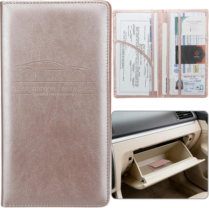 Car Registration and Insurance Holder, Premium Pu Leather Vehicle Glove Box Organizer - for Driver License, Cards & Essential Documents (L-Orange)