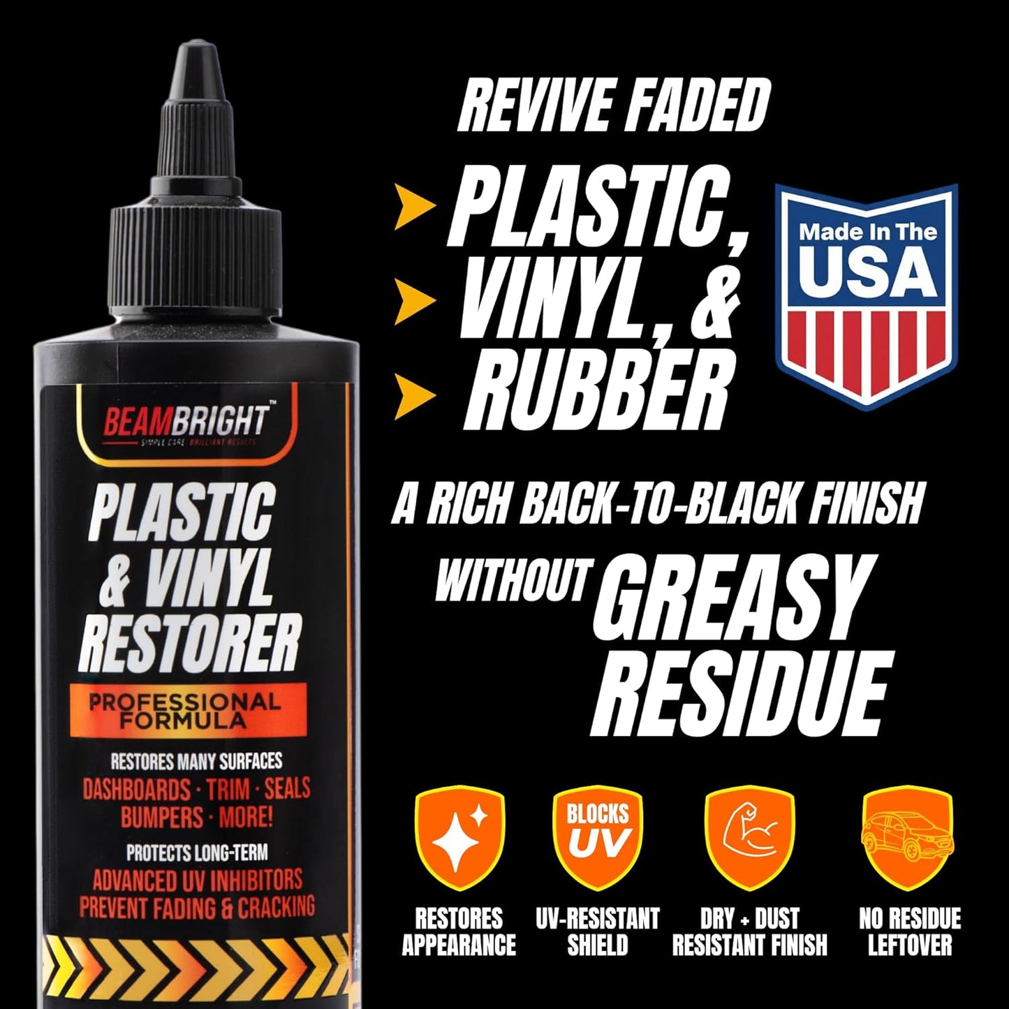 BEAM BRIGHT Plastic Trim Restorer – Dry, Non-Greasy for a True Natural Black Trim Finish for Severely Faded Car Trim & Vinyl. Long-Lasting UV Protection for Exterior & Interior Plastic – 8 oz