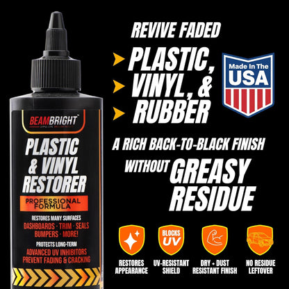 BEAM BRIGHT Plastic Trim Restorer – Dry, Non-Greasy for a True Natural Black Trim Finish for Severely Faded Car Trim & Vinyl. Long-Lasting UV Protection for Exterior & Interior Plastic – 8 oz