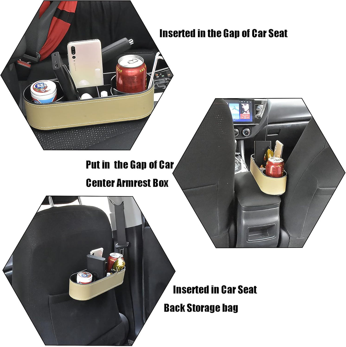 IOKONE Car Cup Holder, Auto Cup Drink Holders，Multifunctional Auto Front Seat Organizer with PU Leather Cover, Gap Filler Storage Box Coin Bucket Console Side Pocket Cell Mobile Phone Holder (Black)