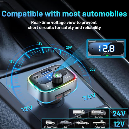 Bluetooth 5.4 Car Adapter 60W Charging USB Bluetooth Adapter for Car,Wireless Fm Transmitter Radio,Handsfree Calling and Audio Receiver,HiFi Music Player,7 Colors LED Backlit