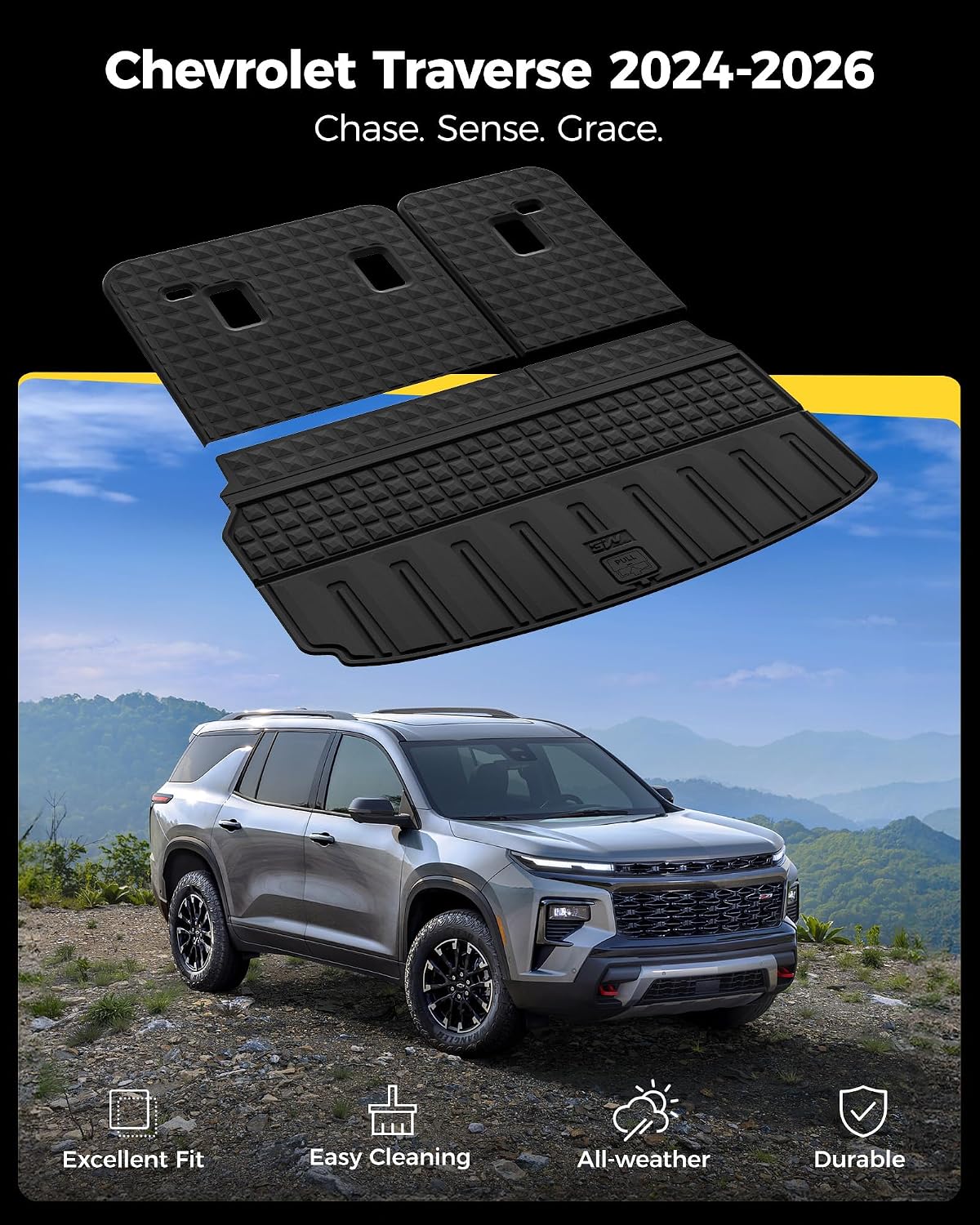 3W Floor Mats & Cargo Liner Fit for 2021 2022 2023 2024 2025 2026 Chevy Tahoe/GMC Yukon/Cadillac Escalade 7 Seat, TPE All Weather Custom Fit Car Accessories Heavy Duty Rubber Full Set Trunk Mats - Colors B