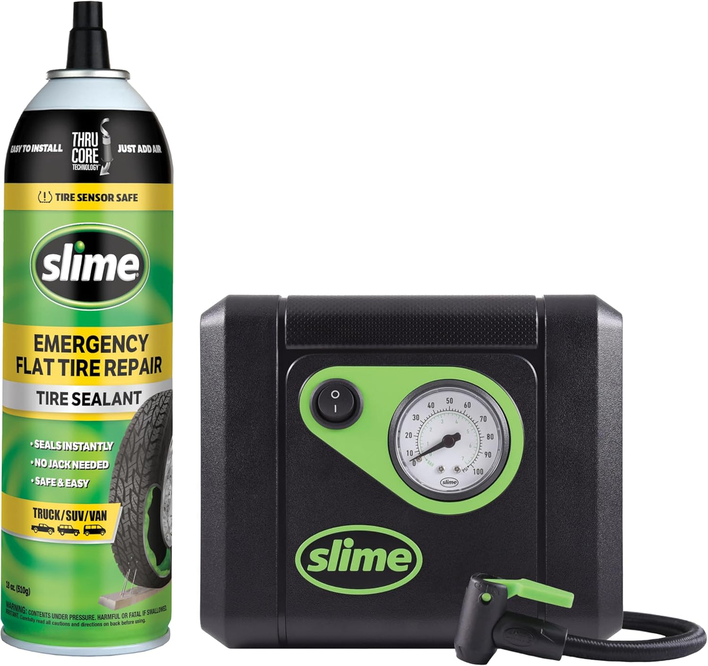 Slime 50107 Flat Tire Puncture Repair, Smart Spair, Emergency Kit For Car Tires, Includes Sealant And Tire Inflator Pump, Suitable For Cars And Other Highway Vehicles, 15 Min Fix