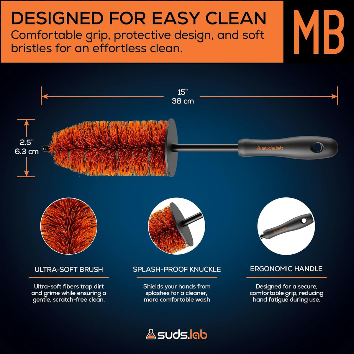Suds Lab WB Premium Detailing Wheel Brush for All Vehicle Types – 17.7" Ultra-Soft and Scratch-Free Reusable Rim, Wheel, and Tire Brush for Deep Cleaning
