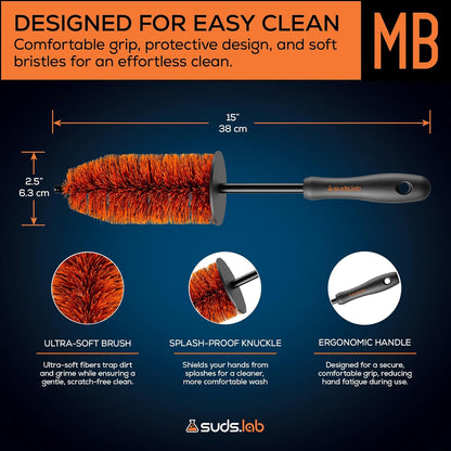 Suds Lab WB Premium Detailing Wheel Brush for All Vehicle Types – 17.7" Ultra-Soft and Scratch-Free Reusable Rim, Wheel, and Tire Brush for Deep Cleaning