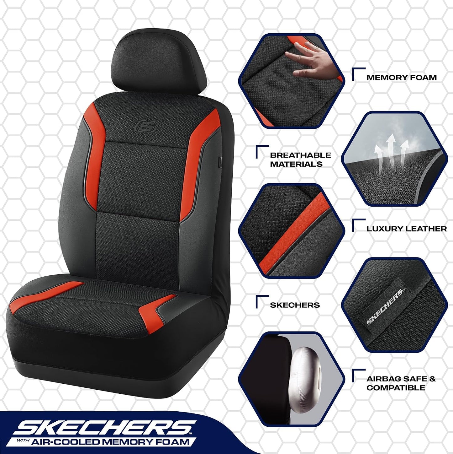 Skechers Memory Foam Seat Covers, Air Cool Mesh Thick Car Seat Covers, Car Seat Covers Front Seats Airbag Compatible, Universal Automotive Comfort for Most Cars, Vans, Trucks, SUV,Black