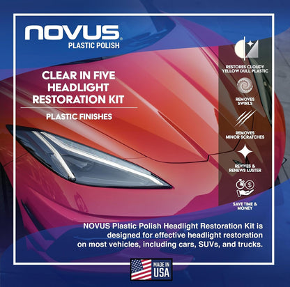 NOVUS Clear in Five Headlight Restoration Kit | 2 Ounce #1, 2, & 3 Bottles, Buffing Pad, Backing Pad Drill Attachment, 1,000 Grit Sanding Disk, 3 Polish Mates