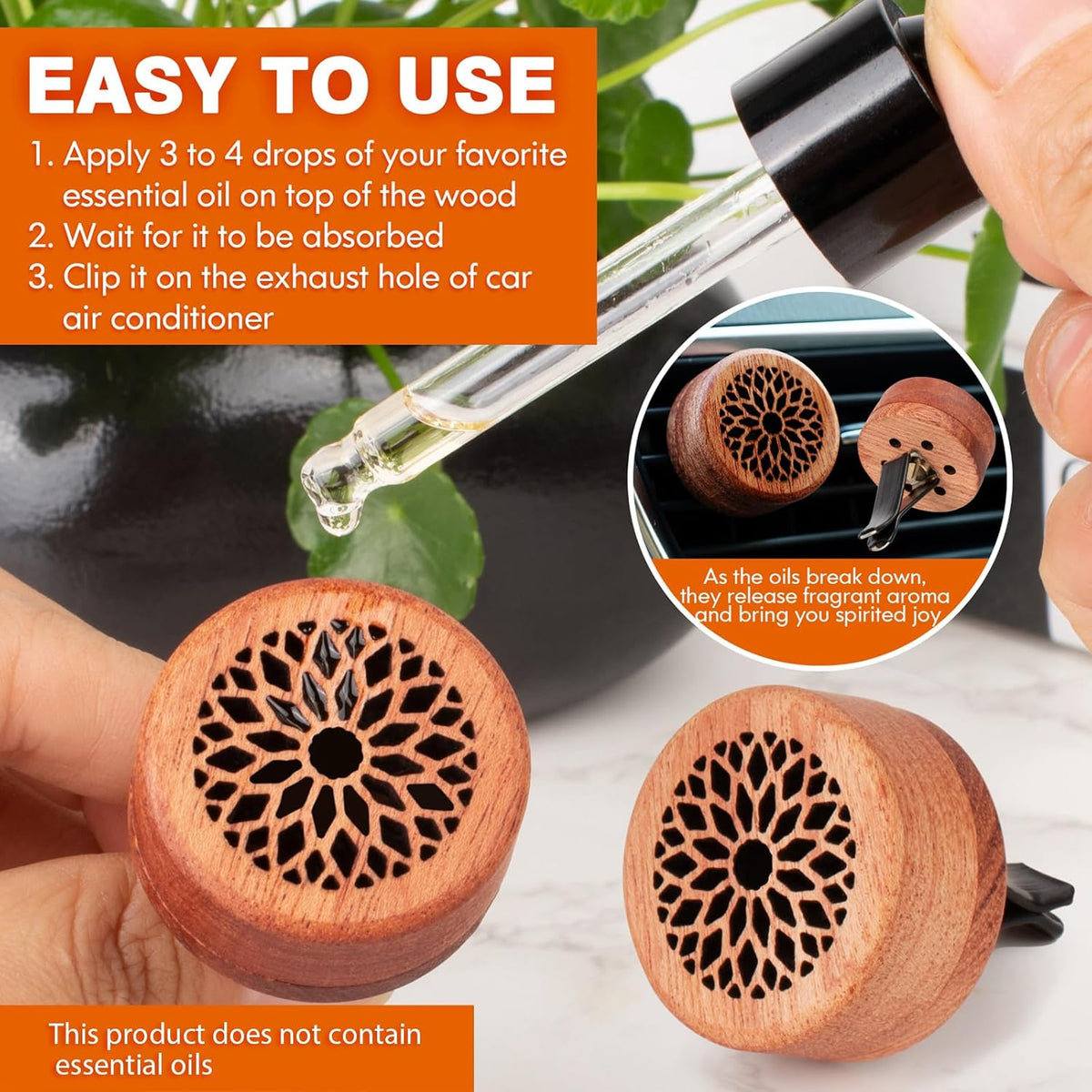 Essential Oil Car Diffuser, 2 PCS Car Aromatherapy Wood Diffuser with Vent Clip
