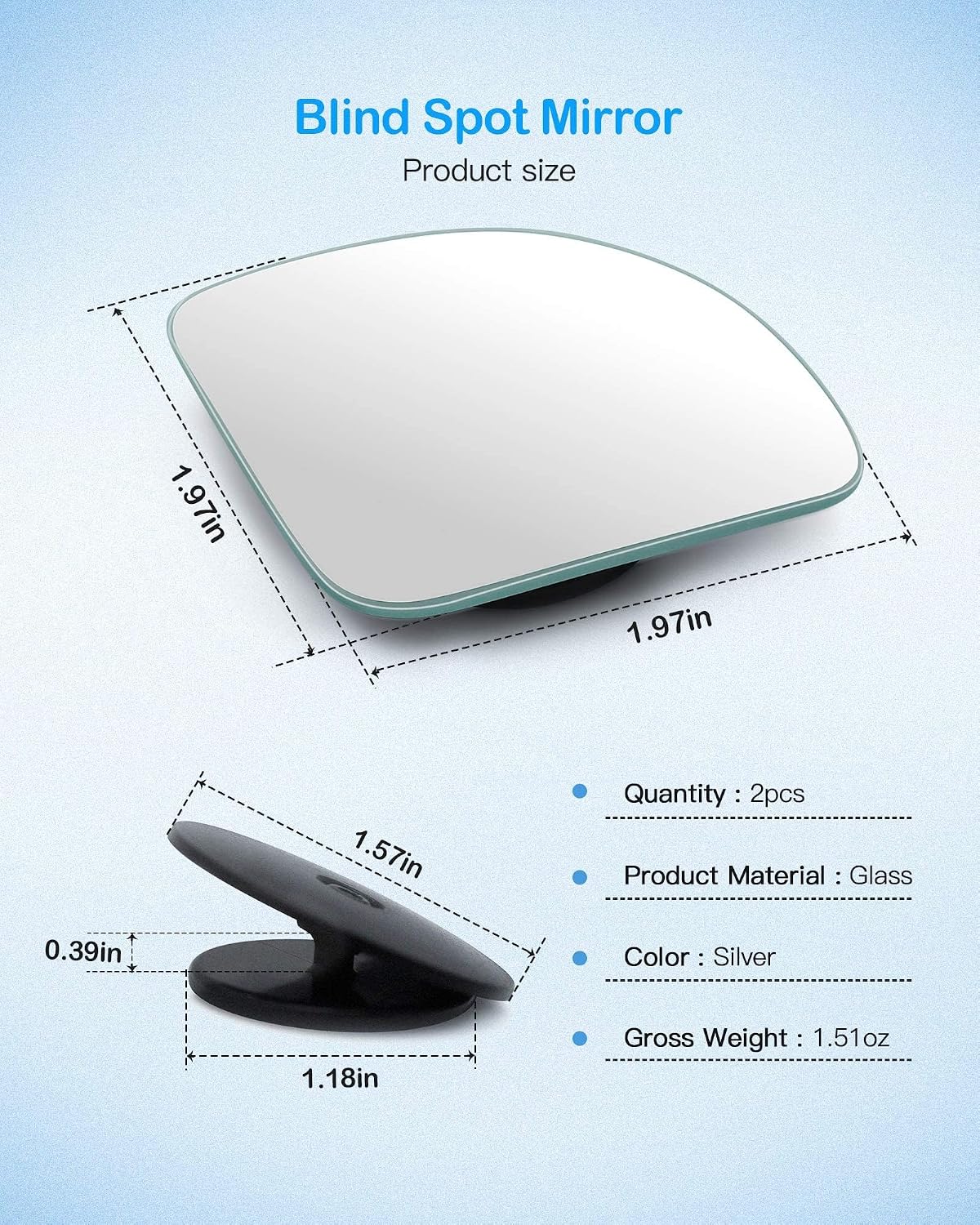CUNCUI 2pcs Fan Shaped Blind Spot Mirror, 360 Degree Adjustabe HD Glass Blind Spot Mirrors, Frameless Convex Rear View Mirror, for any Car, Van, Suv and Trucks.