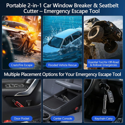 3-Pack Car Window Breaker and Seatbelt Cutter, Spring-Loaded Emergency Escape Tool, Glass Breaker for Underwater Use, 4 Car Door Shock Pads Included