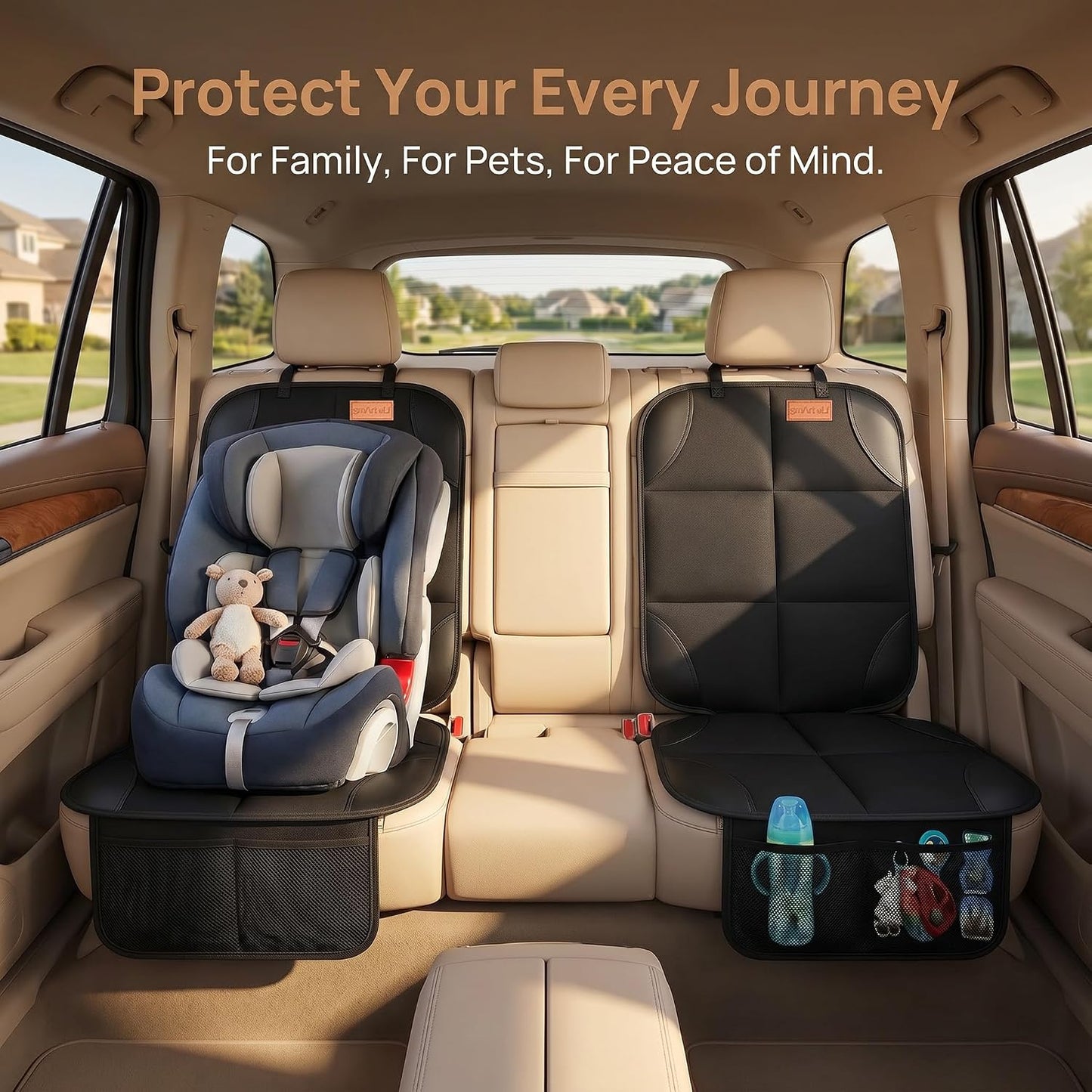 SMART ELF Car Seat Protector, 2Pack Seat Protector Protect Child Seats with Thickest Padding and Non-Slip Backing Mesh Pockets for Baby and Pet,Sedan SUV Truck (Black)