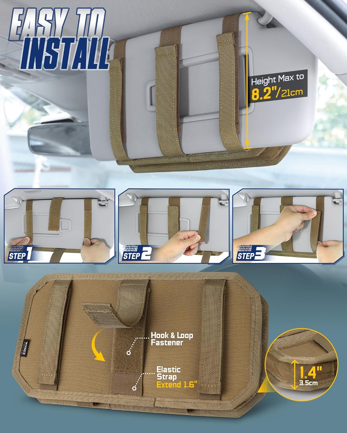 WYNEX Molle Car Sun Visor Organizer, Car Accessories with Zip Storage Pouch & Glasses Holder, Semi-Rigid Molle Panel with Patch for Tactical Gears, Fits Most Cars, Trucks, Pickups, Patrols
