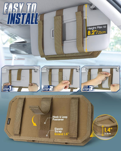 WYNEX Molle Car Sun Visor Organizer, Car Accessories with Zip Storage Pouch & Glasses Holder, Semi-Rigid Molle Panel with Patch for Tactical Gears, Fits Most Cars, Trucks, Pickups, Patrols
