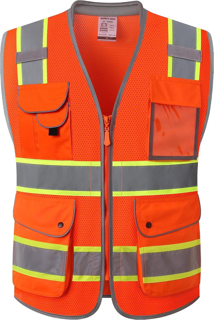 JKSafety 9 Pockets Class 2 High Visibility Zipper Front Safety Vest With Reflective Strips,Meets ANSI/ISEA Standard (Large, 150-Yellow) - Colors A