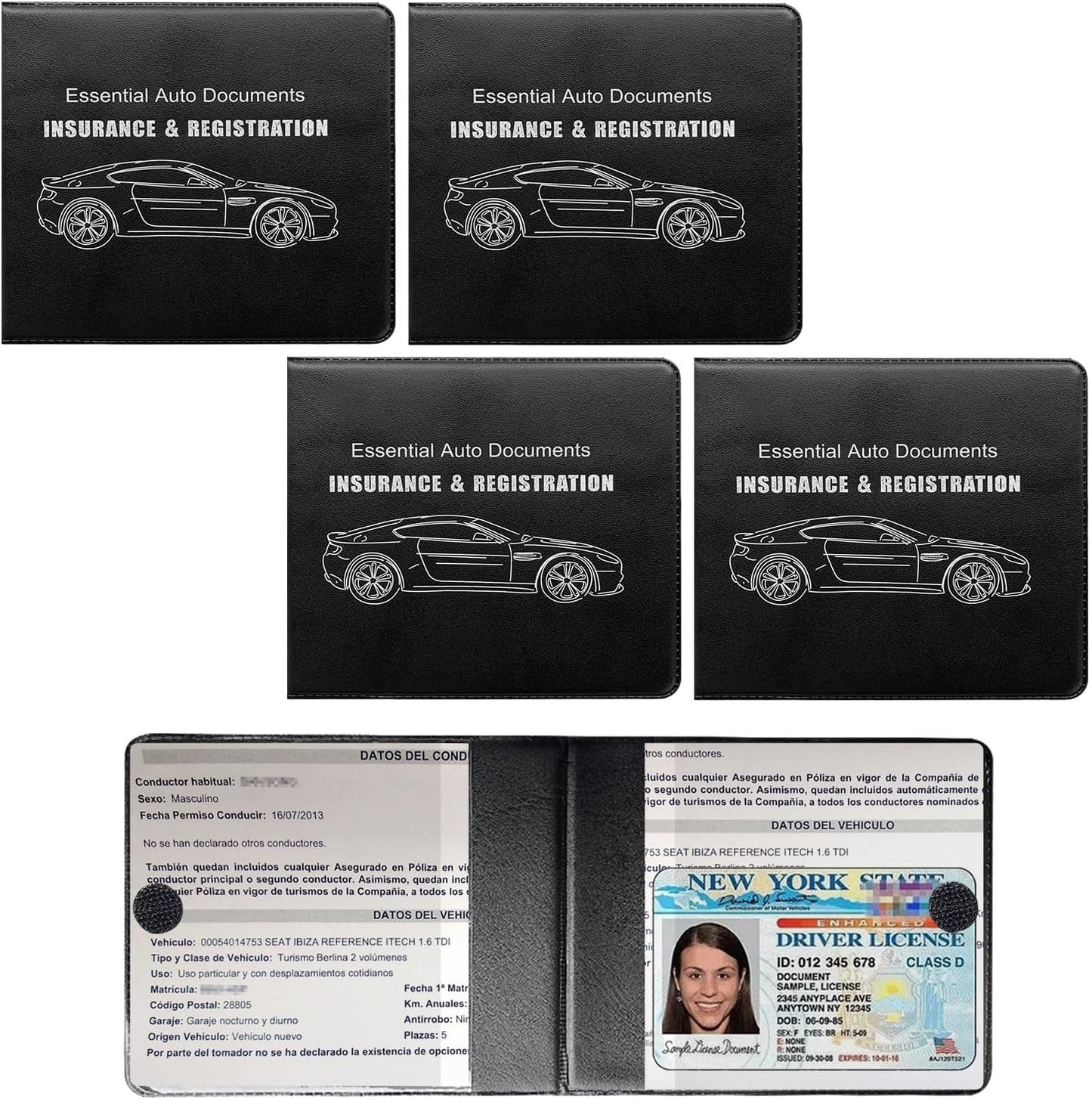 4 PCS Car Registration and Insurance Holder, Vehicle Glove Box Organizers with Closure for License Document, Auto Essential Paperwork Wallet Case Holder, Car Accessories (Black, Car Logo)