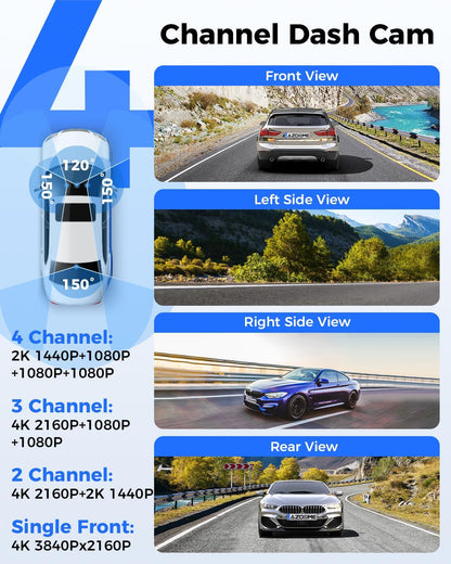 AZDOME 360° 4 Channel Dash Cam Front and Rear Inside, Built-in 128GB eMMC, 2K+1080P*3 Dashcam, Left Right, Voice Control, 5G WiFi Dash Camera for Cars with 4 Adjustable Lenses, IR Night Vision, M660