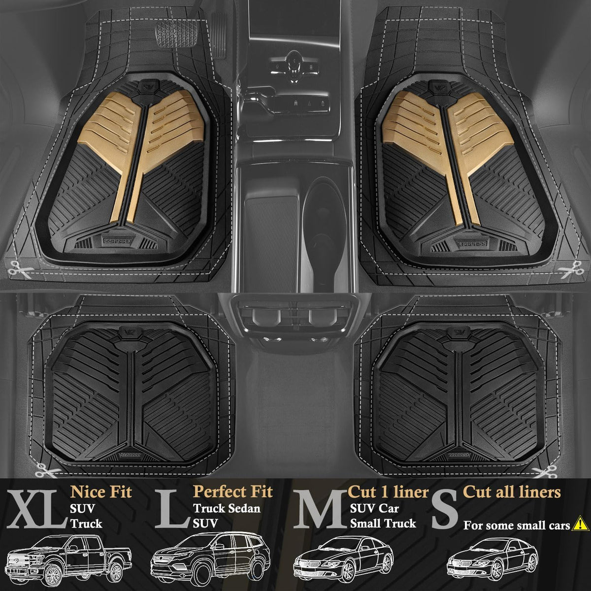 CAR PASS Heavy Duty Rubber Car Mats with Cargo Liner, Deep-Dish Car Floor Mats and Trunk Mat All Weather, Universal Trim-to-Fit for SUVs Trucks Sedans, Waterproof Anti-Slip, Trimmable V12 Black