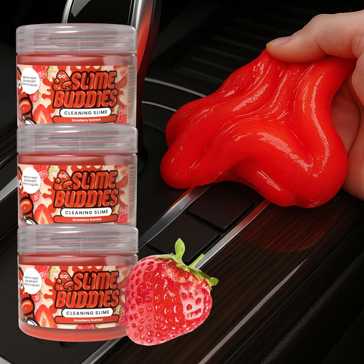 Slime Buddies Car Cleaning Gel Putty - Strawberry Scented Interior Detailing Tool for Cup Holders, Air Vents & Keyboard - Reusable Auto Detailing Accessories - Dust Remover Goop - Gifts for Men Women