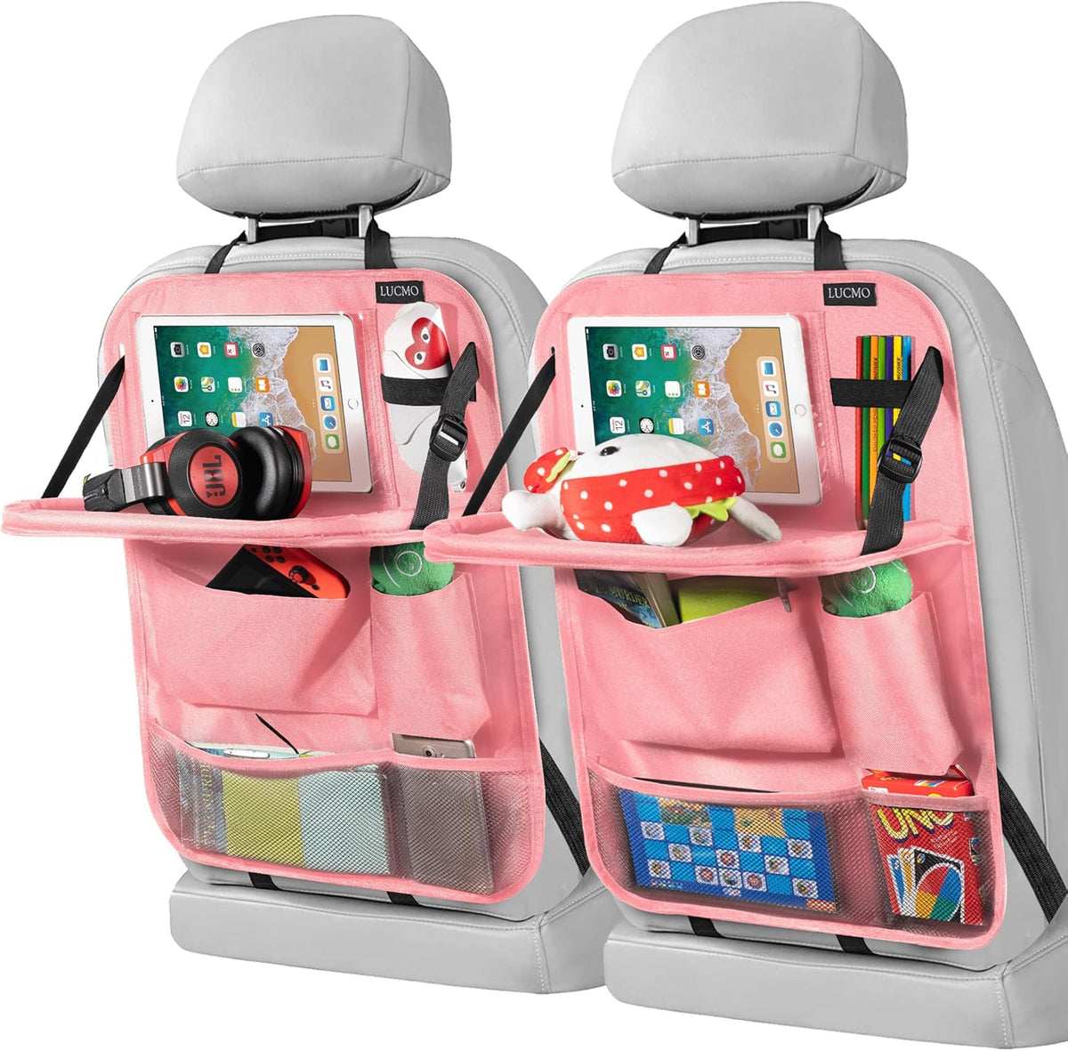 LUCMO Car Backseat Organizer with Tablet Holder,6 Storage Pockets Car Storage Organizer with Foldable Food Tray,Protectors Kick Mats Travel Accessories-Black