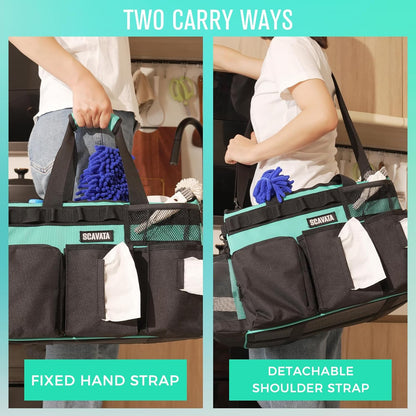 SCAVATA Wearable Cleaning Caddy Bag, Supplies Organizer with Handle & Shoulder Straps for Housekeepers, Under Sink & Car Cleaning Tool Organizer with 4 Foldable Dividers (Black)