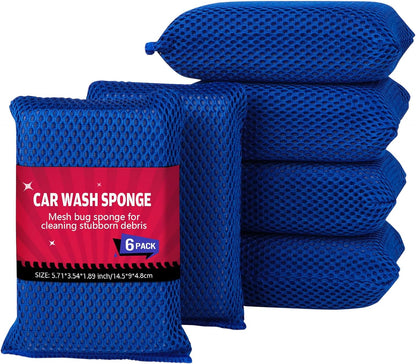 AIDEA Car Wash Sponge, Microfiber Large Bug and Tar Remover for Cars, Non Scratch Reusable Mesh Car Wash Sponges, 6PK, Blue, 5.71 * 3.54 * 1.89 inch