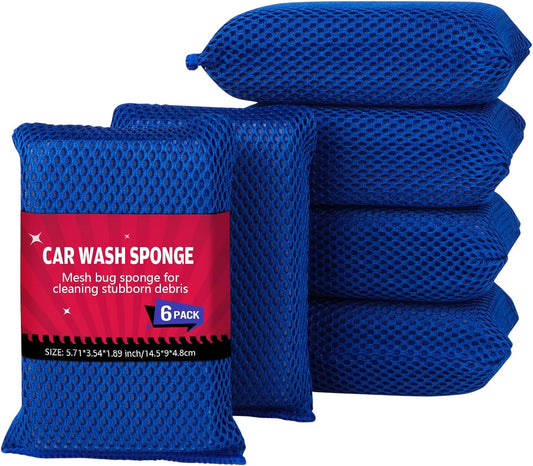 AIDEA Car Wash Sponge, Microfiber Large Bug and Tar Remover for Cars, Non Scratch Reusable Mesh Car Wash Sponges, 6PK, Blue, 5.71 * 3.54 * 1.89 inch