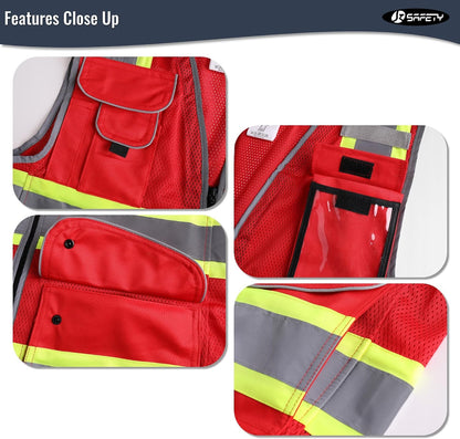 JKSafety 9 Pockets Class 2 High Visibility Zipper Front Safety Vest With Reflective Strips,Meets ANSI/ISEA Standard (Large, 150-Yellow) - Colors B