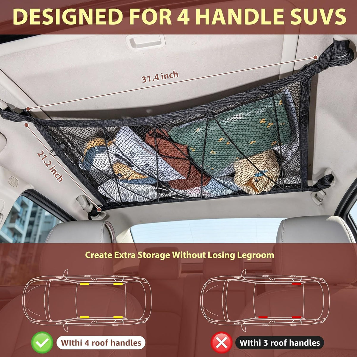 Car Ceiling Cargo Net, 31"x21" Adjustable Double-Layer Mesh SUV Roof Organizer, Van Life Accessories for Long Trip, Car Camping Essentials, Road Trip Must-Haves for Overhead Storage