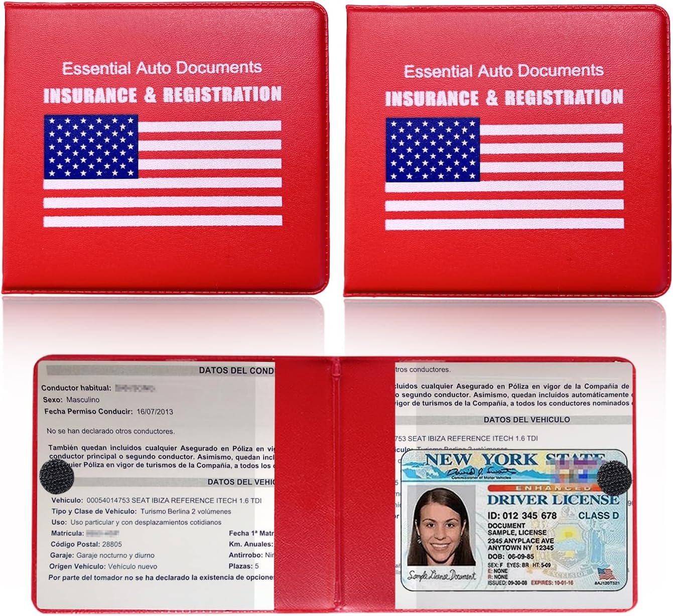 Ziciner Car Registration Insurance Holder, 2Pack Essential Auto Card Document Glove Box Organizer with Touch Fastener, Vehicle Interior Accessories Perfect for Most Car, Truck, SUV (Red/Small Car)