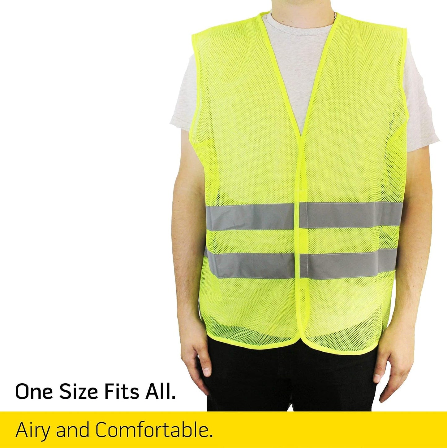 PeerBasics Safety Vests 10 Pack - Yellow Reflective High Visibility, Hi Vis Silver Strip, Men Women, Work, Cycling, Runner, Surveyor, Volunteer, Crossing Guard, Road, Construction, Neon (Mesh, 10)