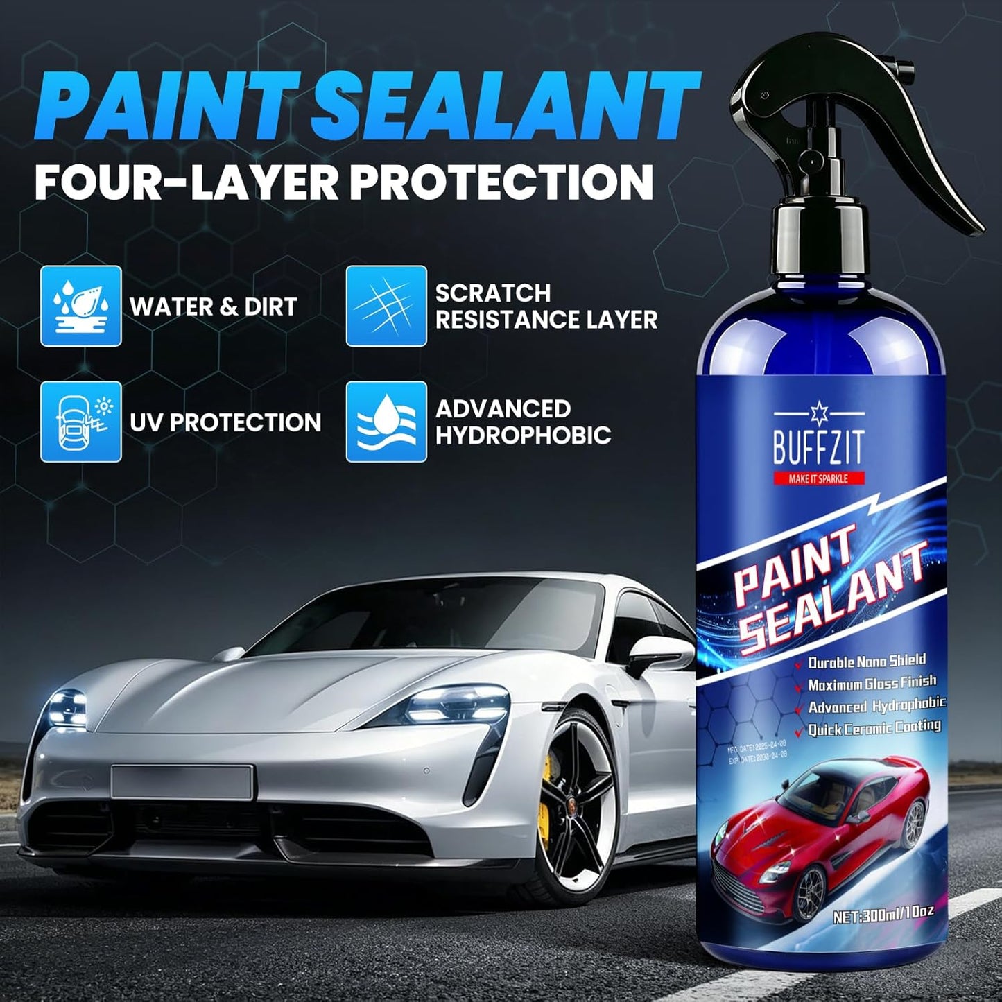 Paint Sealant Spray Quick Effect Coating Agent for High Gloss Shine & Protection All-in-One Waterless Wash Wax Hydrophobic Polish for Cars Motorcycle Trucks & RVs with Microfiber Towel 10oz/300ml
