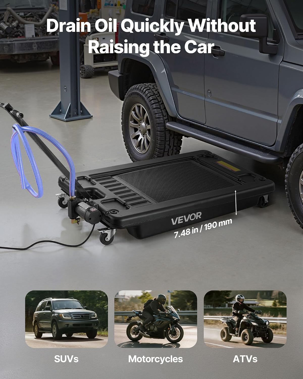 VEVOR Low Profile Oil Drain Pan, 17 Gal Capacity, Rolling Oil Drain Pan with 110V High-Flow Electric Pump, 7.2 ft Hose & T Folding Handle, Leak-proof & Corrosion-resistant, Fit for Trucks, ATVs, Black