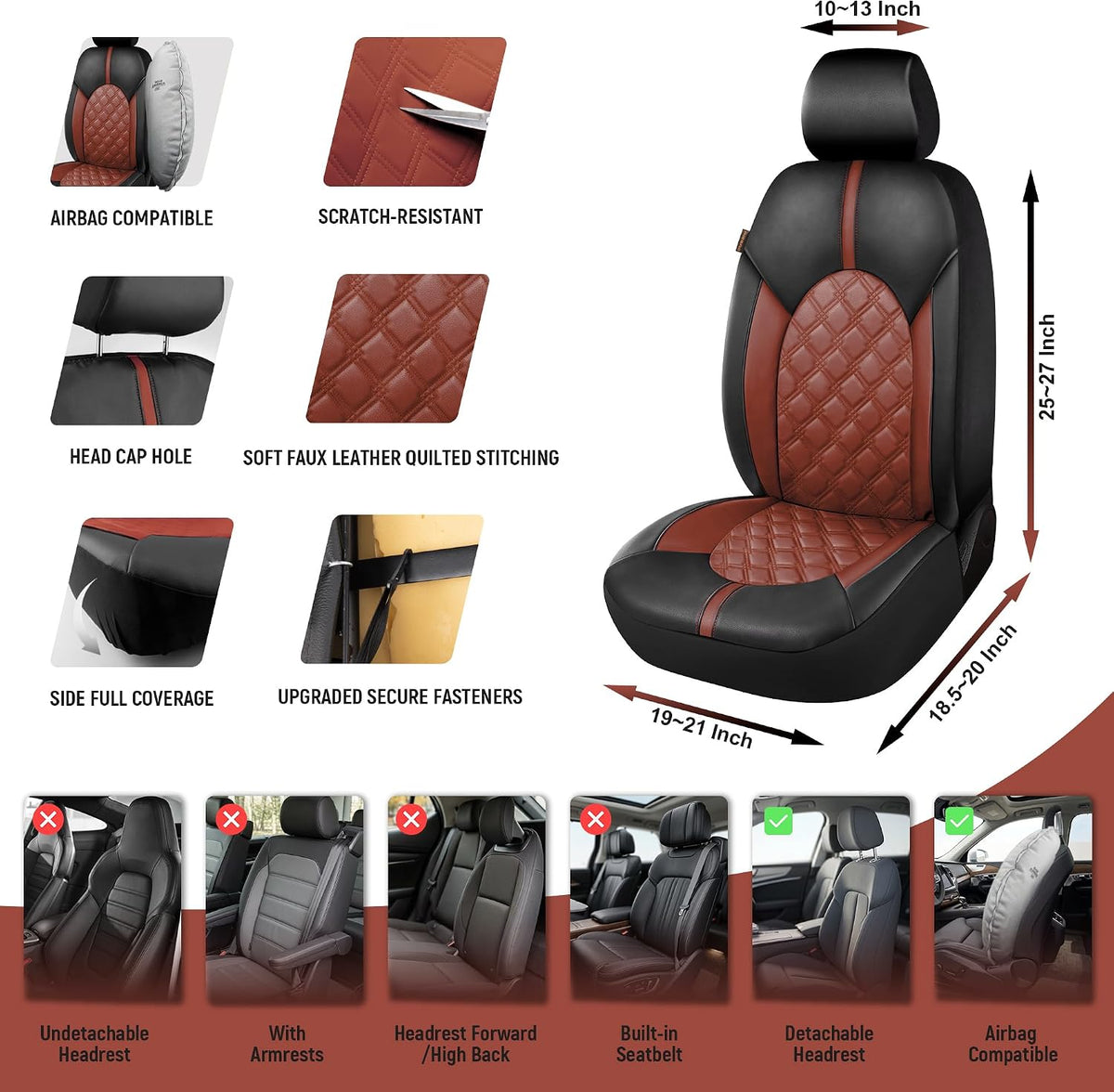 CAROMOP Luxury PU Leather Car Seat Covers Full Set-Waterproof Seat Protectors with Split Bench Seat Covers for Cars-Universal Cars Interior Covers for Sedans, SUVs, Pick-up Trucks(Gray/Gray Line)