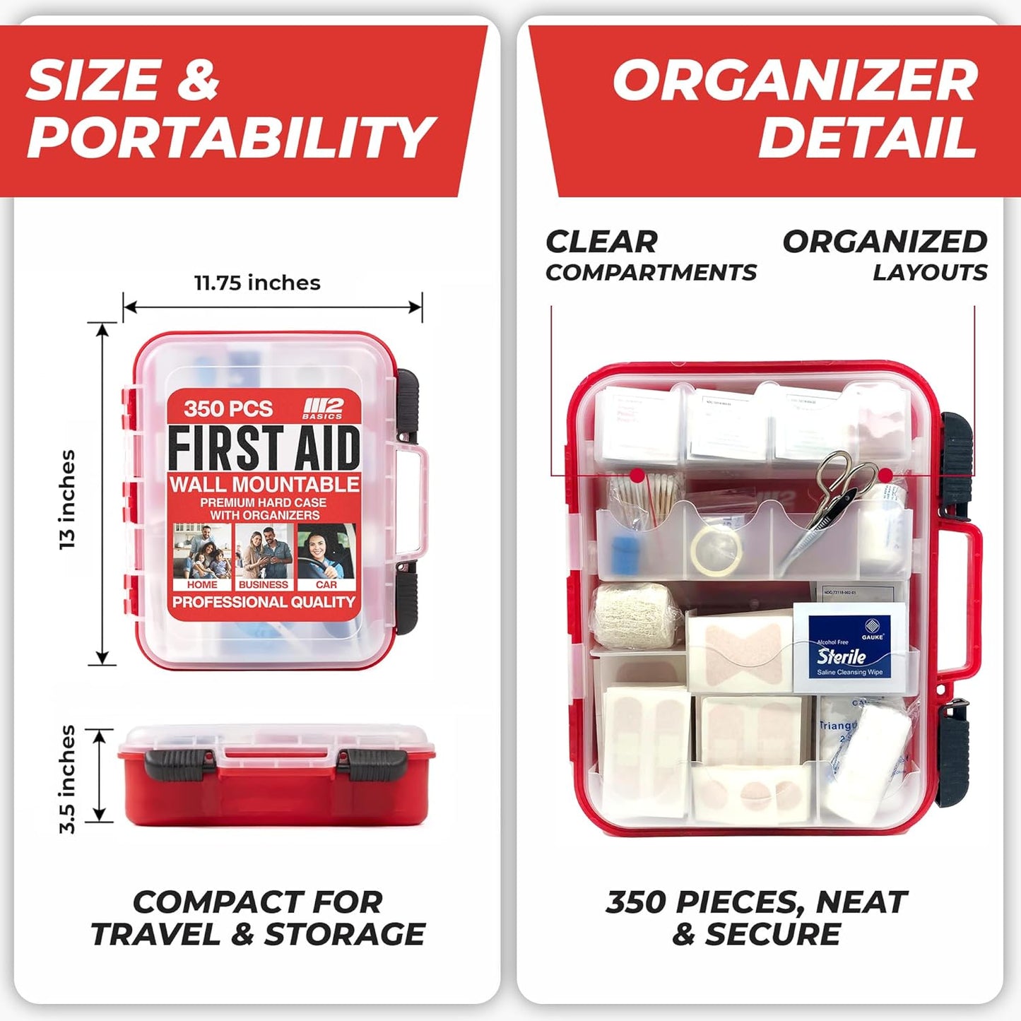 M2 BASICS 350 Piece Professional Wall-Mount First Aid Kit, Home, Business | Dual-Layer Hard Case, Office, Warehouse, Jobsite, Garage, Vehicle, Workplace Safety, Classroom And Emergency Readiness