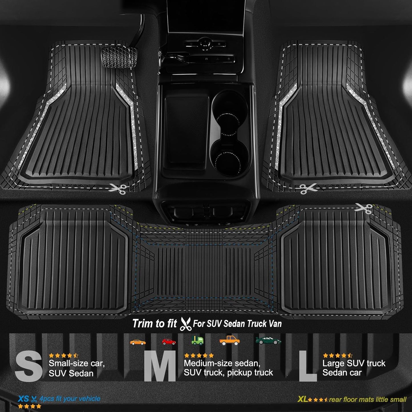 CAR PASS Heavy Duty Rubber Floor Mats for Car, Waterproof Liner Deep Dish Car Mats Full Sets, Universal Trim to Fit for SUV Truck Sedans Vans, All Weather Automotive Floor Mats 3pcs, Solid Black