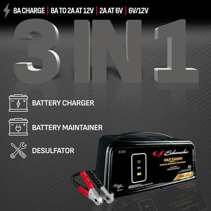 Schumacher Electric 8A Car Battery Charger and Maintainer, 3-in-1 Solution, for 6V/12V Power Sport, Automotive, and Marine Batteries, SC1363
