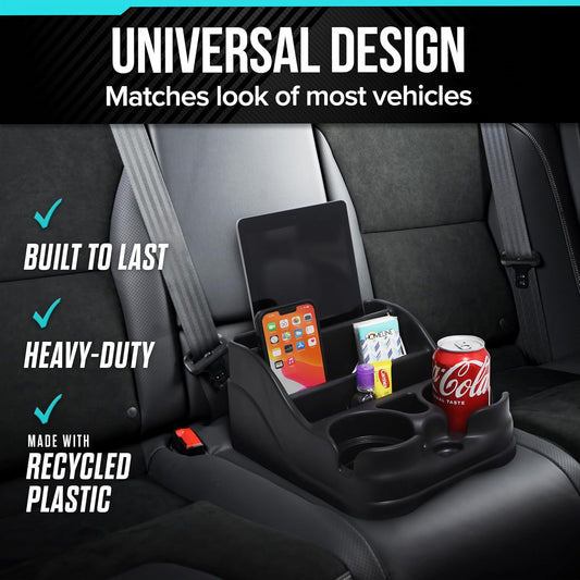 Moblorg Small Center Console for Cars, Trucks, Minivans, SUVs, Vehicle Organizer, Cup Holders, Recycled Plastic, Made in USA (Black)