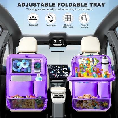 2Pack Car Backseat Organizer with Foldable Table Tray,6 Storage Pockets Car Storage Organizer with Tablet Holder,Car Seat Back Protectors Kick Mats Travel Accessories (Black)