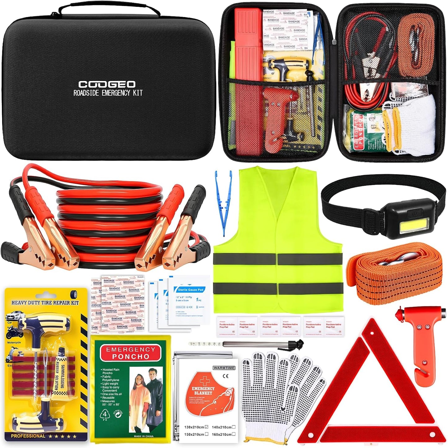 Car Roadside Emergency Kit with Battery Jumper Cables,Car Accessories for Men or Women,Automotive Safety Kit for Car,Vehicle, Truck or SUV,Gifts for Men or Him,Green