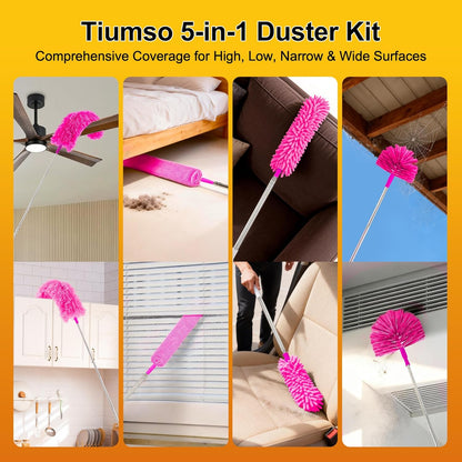 Tiumso Microfiber Feather Duster 5-in-1 Kit, Dusters for Cleaning, Duster with Extension Pole 100 Inches, Cobweb Duster, Microfiber Dusters for High Ceilings and Fans, Blinds, Cars and Furniture