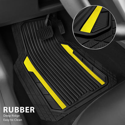 CAR PASS Heavy Duty Rubber Car Mats Metallic, Aluminum Film All Weather Floor Mats Waterproof Universal Trim to Fit Automotive SUV Sedan Van 4 Piece Anodized Deep Dish Two-Tone Sporty Black Red Chrome