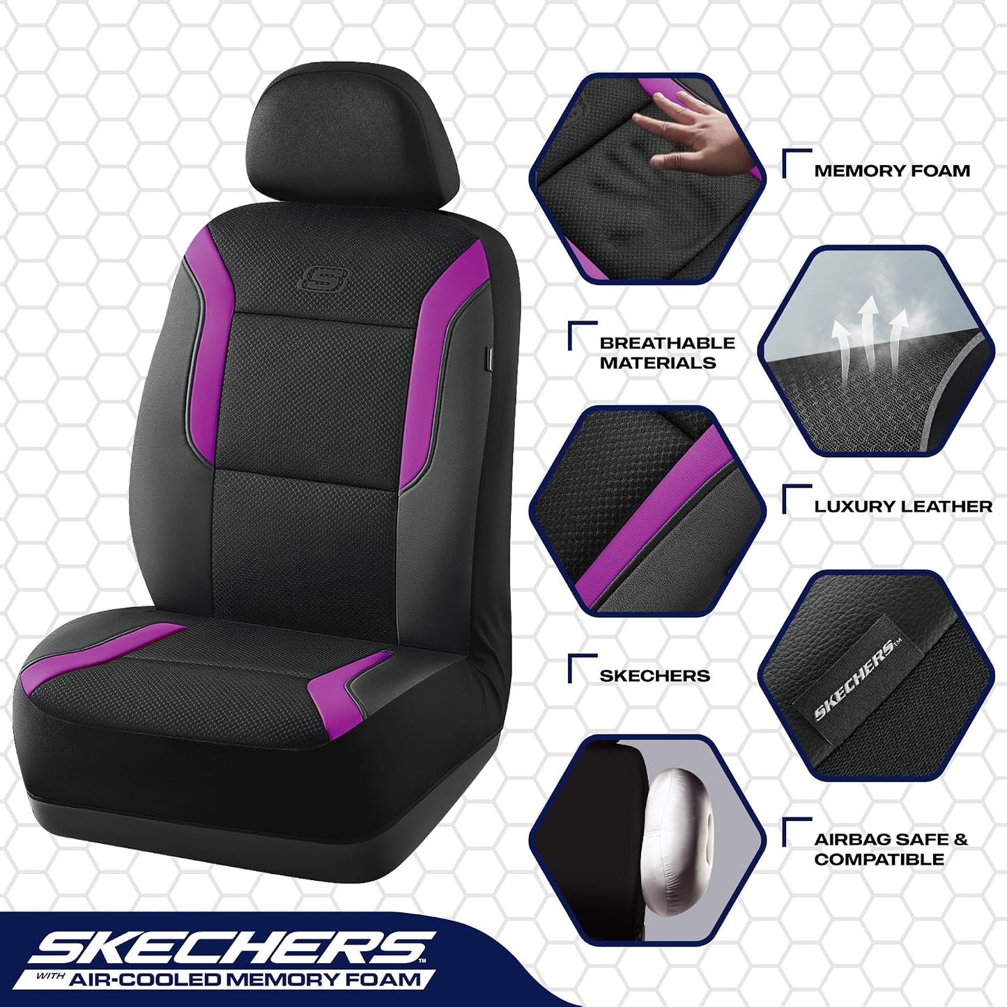 Skechers Memory Foam Seat Covers, Air Cool Mesh Thick Car Seat Covers, Car Seat Covers Front Seats Airbag Compatible, Universal Automotive Comfort for Most Cars, Vans, Trucks, SUV,Black