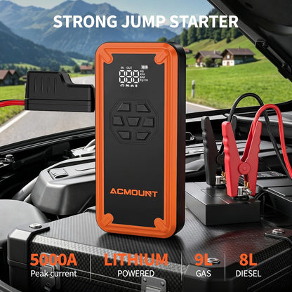 W160 Jump Starter with Air Compressor, 5000A Portable Car Jump Starter 150PSI Tire Inflator/Air Pump, 12V Battery(Up to 9L Gas/8L Diesel Engine) Jump Pack Car Emergency Kit Idea Gift for Man (Silver)