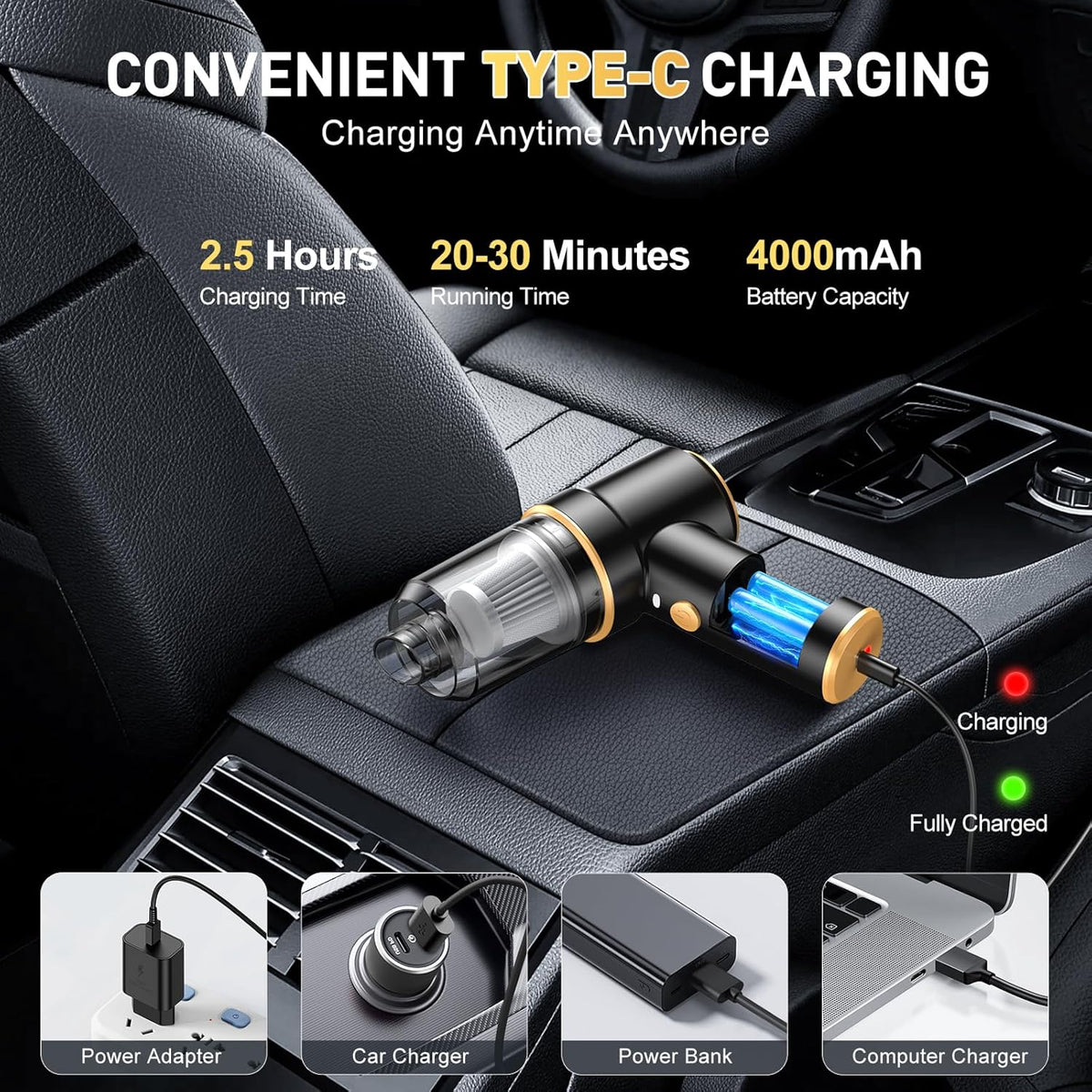 KMM Handheld Car Vacuum Cleaner, 9000Pa Vacuum Cleaner and Air Duster, 120W High Power Hand Held Vacuum with LED Light and Multi-Nozzles for Car, Home, Office, Pet