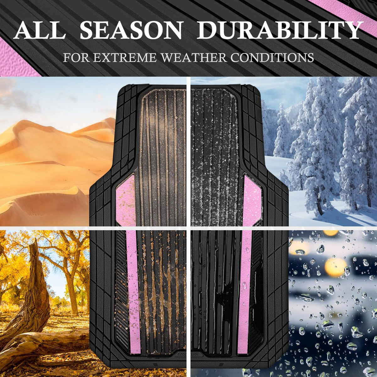 CAR PASS Heavy Duty Rubber Car Mats Metallic, Aluminum Film All Weather Floor Mats Waterproof Universal Trim to Fit Automotive SUV Sedan Van 4 Piece Anodized Deep Dish Two-Tone Sporty Black Red Chrome