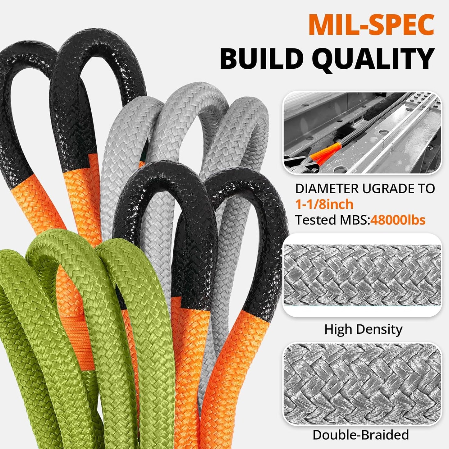 Kinetic Recovery Tow Rope: 1.26" x 30ft Snatch Strap with Soft Shackles Heavy Duty Offroad Towing Straps Kit for Trucks SUV UTV ATV Tractor Car Jeep - Black
