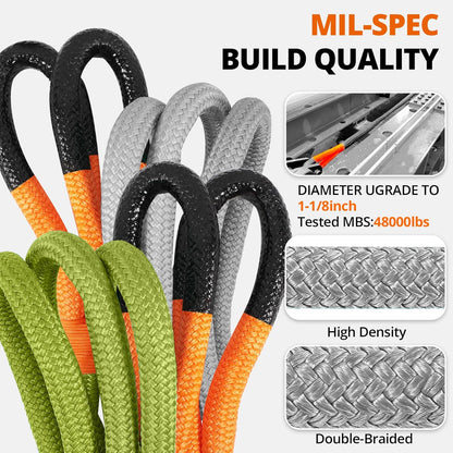 Kinetic Recovery Tow Rope: 1.26" x 30ft Snatch Strap with Soft Shackles Heavy Duty Offroad Towing Straps Kit for Trucks SUV UTV ATV Tractor Car Jeep - Black