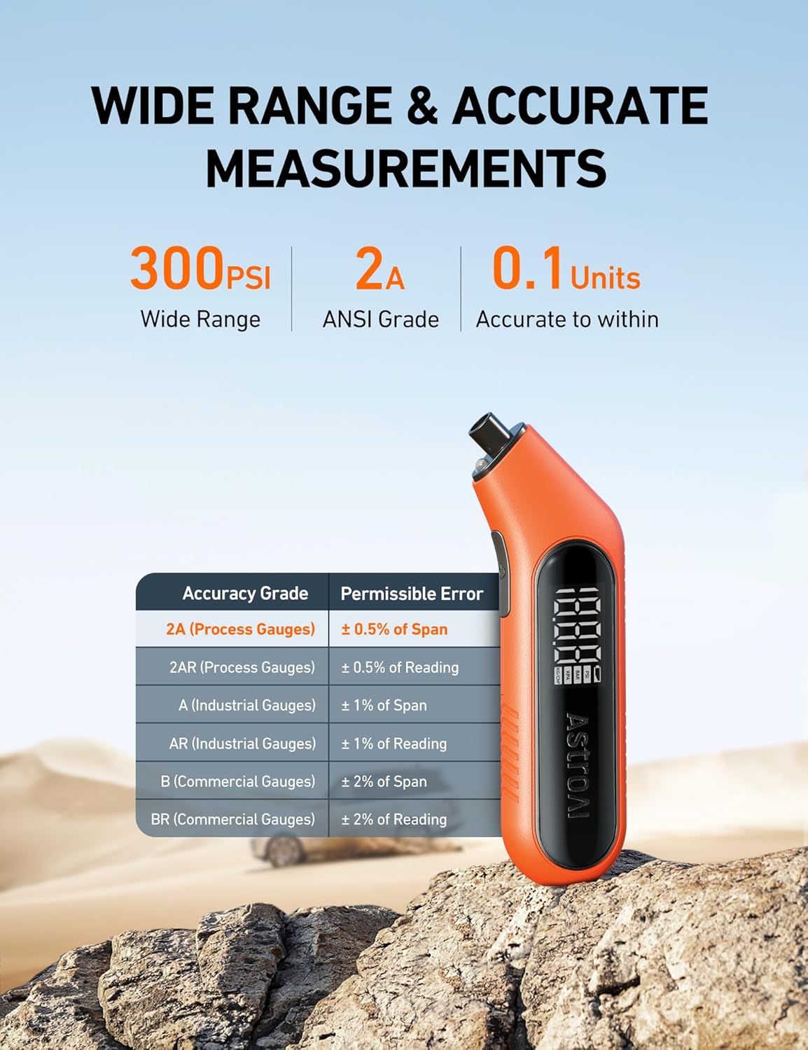 AstroAI Digital Tire Pressure Gauge 3-300PSI Calibrated to ANSI B40.7 Grade 2A (0.5%), Backlight and Flashlight, Presta Valve Adaptor Included, 4 Units, AAA Batteries, Orange