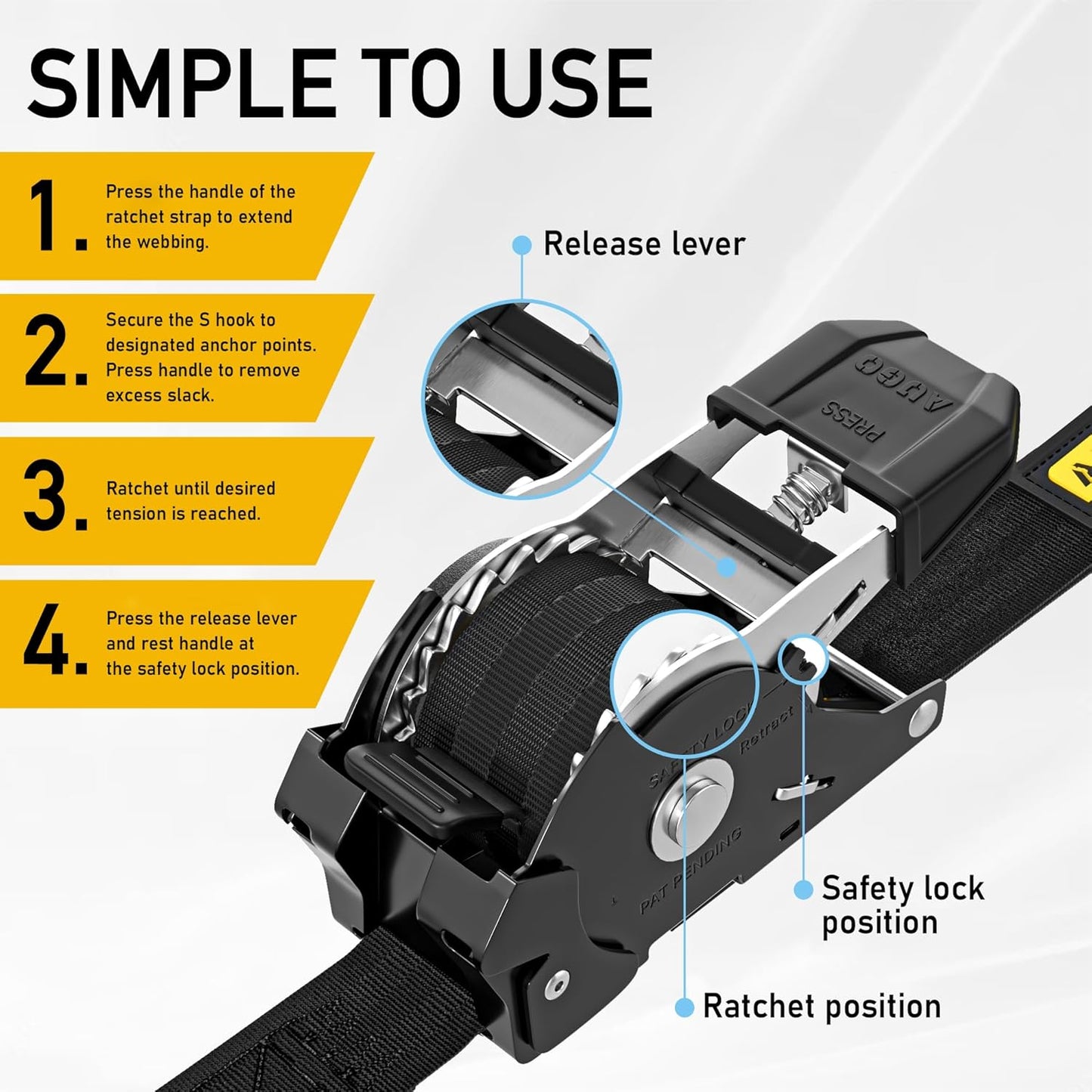 AUGO Ratchet Straps Heavy Duty 4 Pack -15 FT - 2200 LB Break Strength – with Safety Lock S Hooks - Cargo Straps for Moving, Appliances, Motorcycle – Soft Loop Tie Down Straps